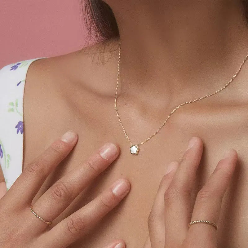 White mother of pearl shell flower pendant necklace on gold or silver plated copper chain