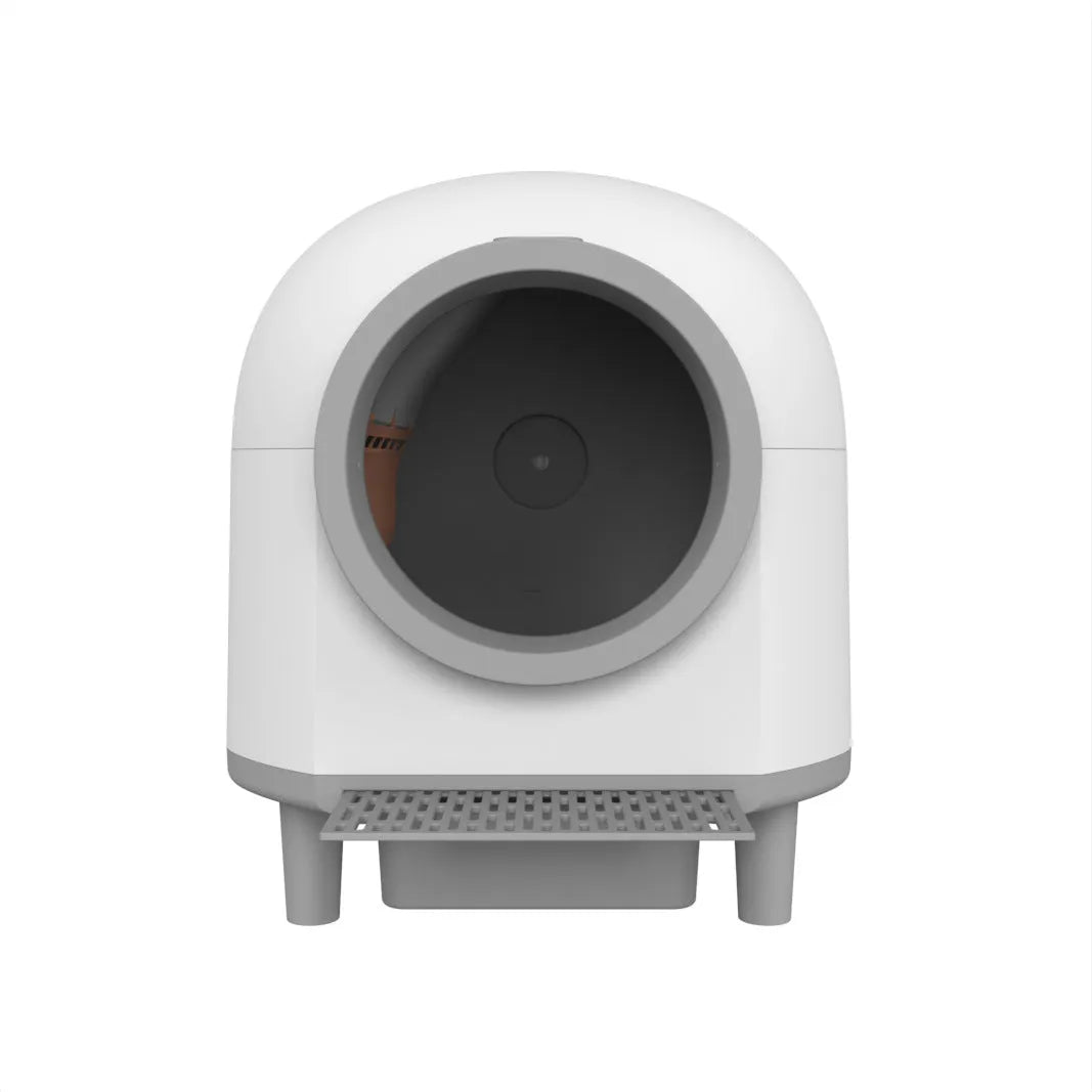 White automatic self-cleaning enclosed cat litter box with ABS plastic construction.