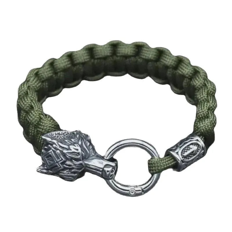 Handmade titanium steel wolf head bracelet with Luen character and camouflage finish