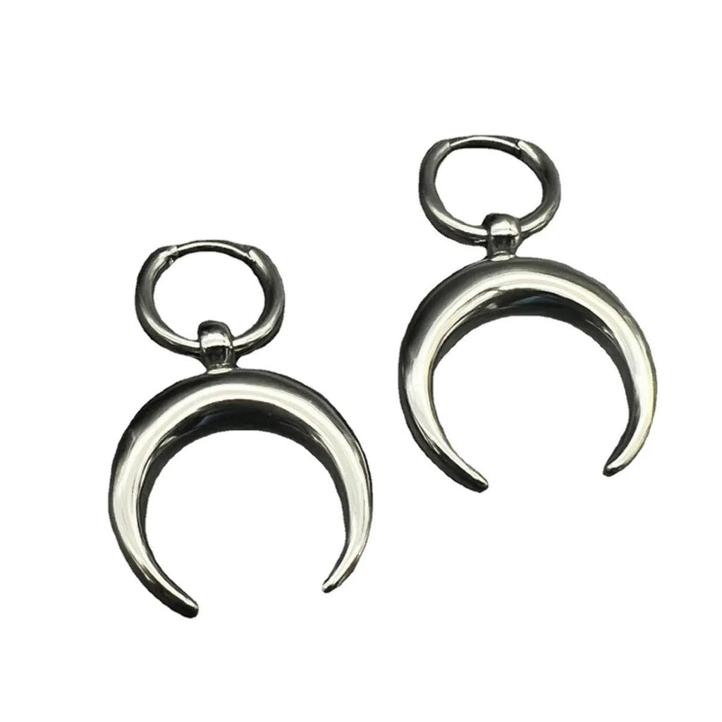 Silver geometric moon big hoop earrings with gothic punk style and ear clip fastening