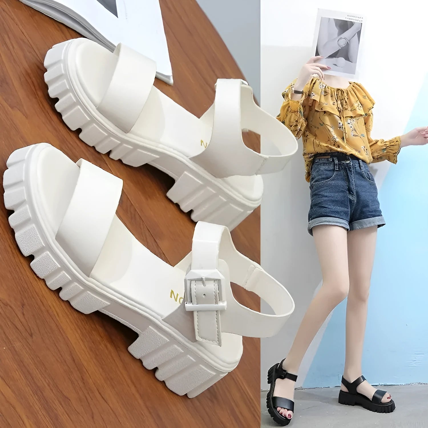 Women's beige platform sandals with ankle-strap buckle and peep toe fish mouth design on neutral background