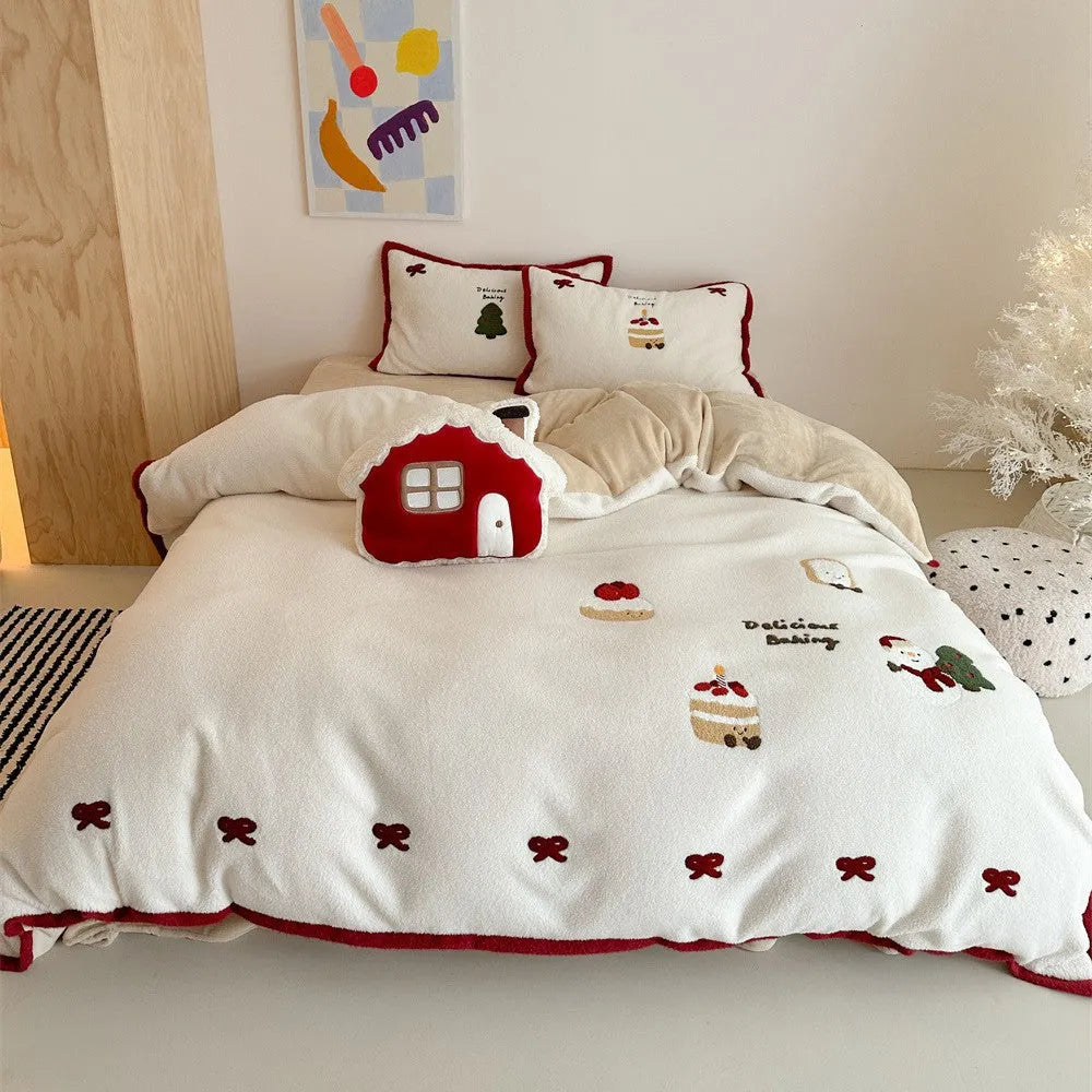 Winter Christmas cartoon polyester bedding four-piece set with Xuefu Milk Pastry pattern showing bed sheet, duvet cover, and pillowcases