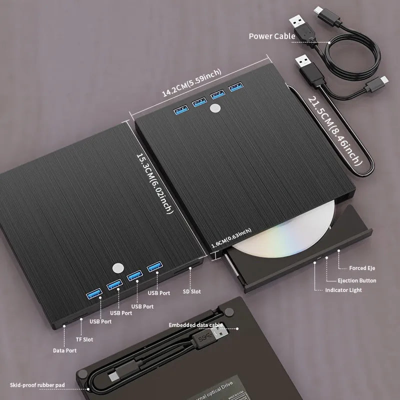 Black external DVD burner with USB interface, tray-type CD loading and 0.36kg weight