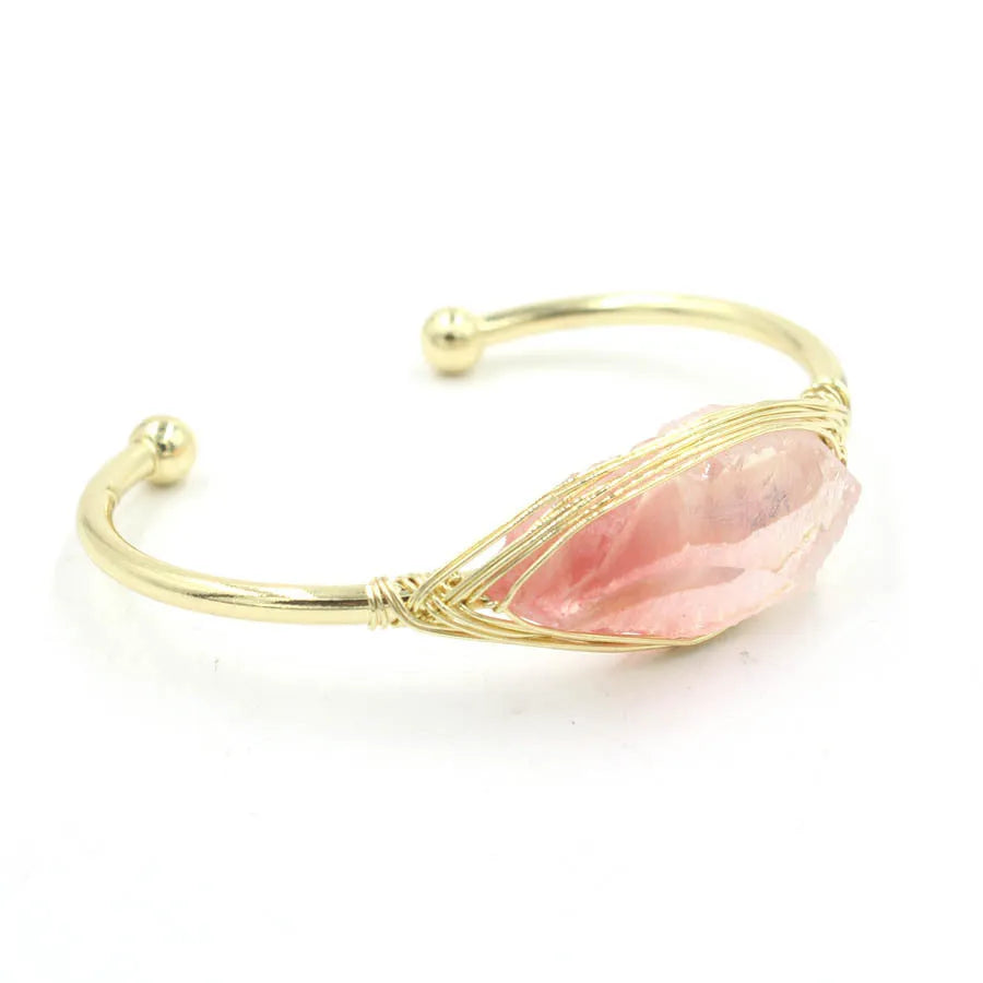 Natural raw gemstone winding bracelet with 8mm crystals in ethnic unisex design