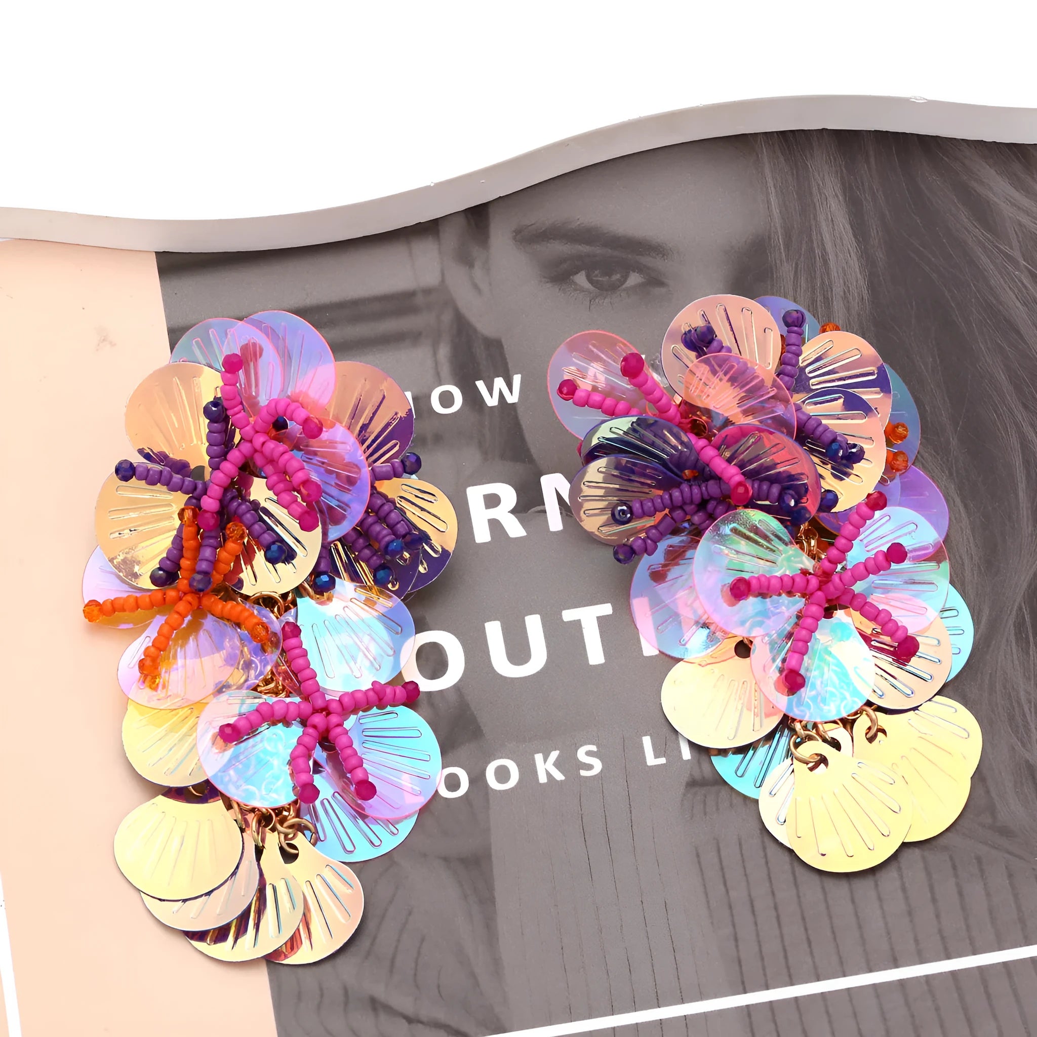 Handmade European style exaggerated dopamine string bead flower earrings in colourful, rose, or purple colours