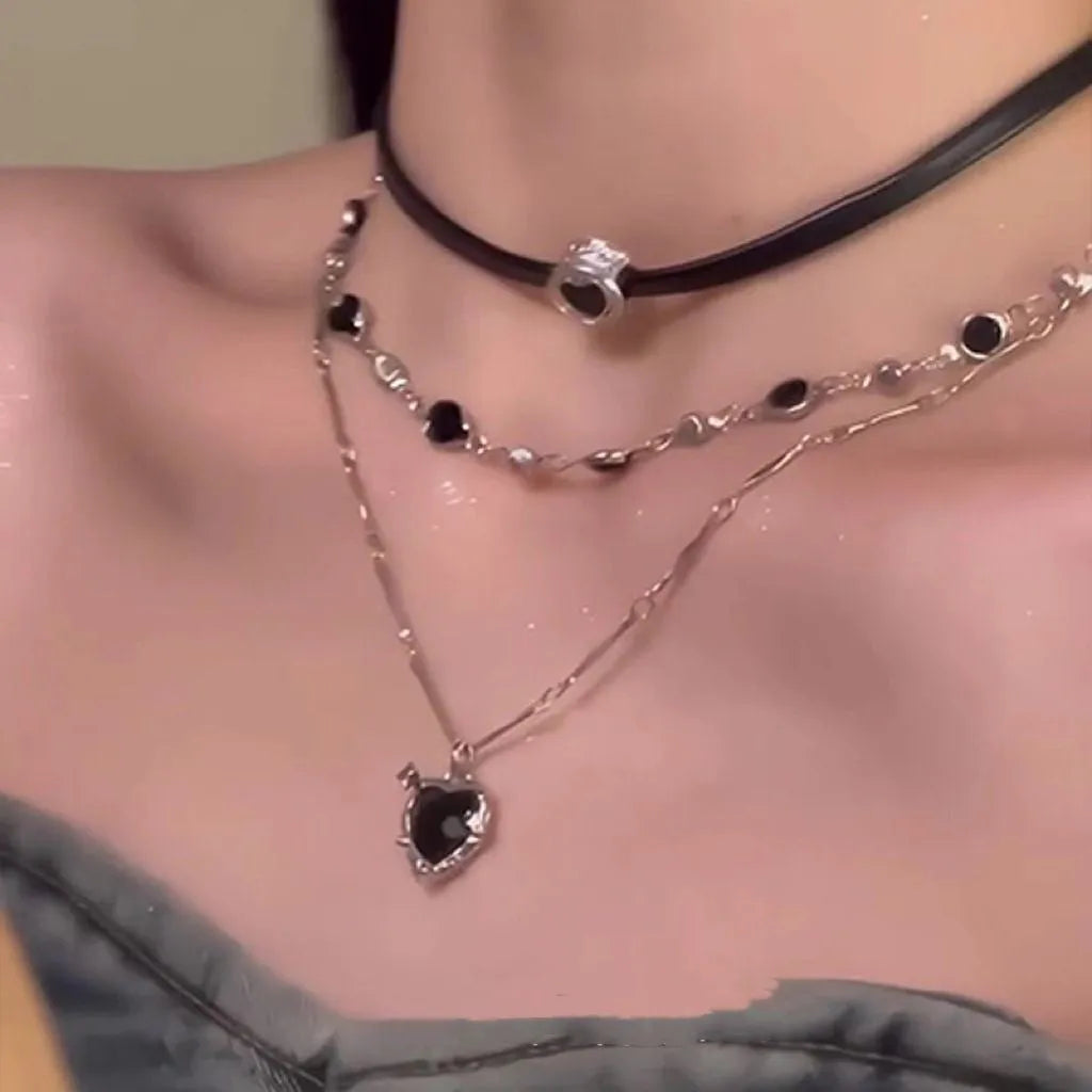 Women's multi-layer twin necklace with leather heart pendant on adjustable clavicle chain