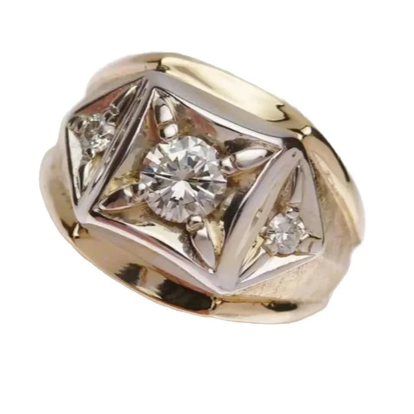 Geometric hollow copper couple rings with wide face design and chamfering square pattern in gold colour