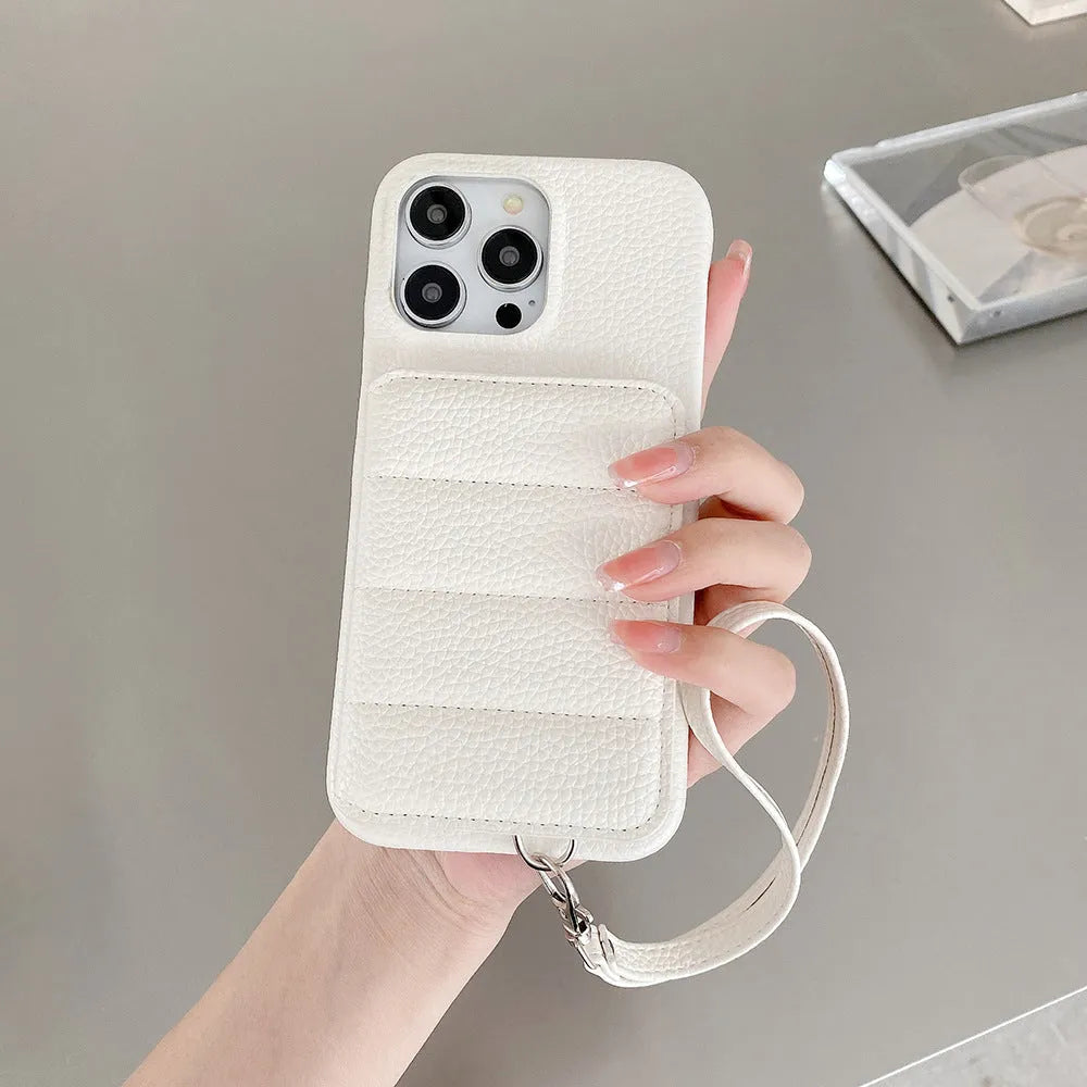 PU leather card holder phone case with lanyard and stand for iPhone 14, 15 and 16 in black, grey, brown, pink, purple, green or white