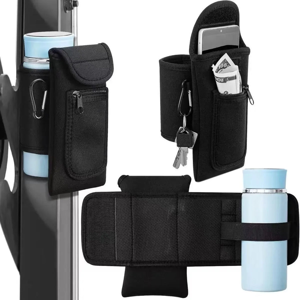 Cloth cup sleeve for sports bottle with magnetic and carabiner clip closure options in various colours.