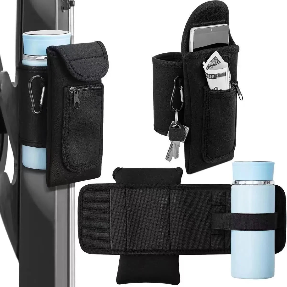 Cloth cup sleeve for sports bottle with magnetic and carabiner clip closure options in various colours.