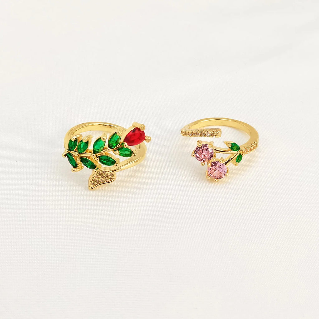 Women's copper gold-plated open ring with leaf geometric pattern and zircon stone accents