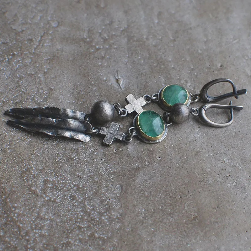Metal cross feather tassel earrings in picture colour with retro geometric electroplated dangle design