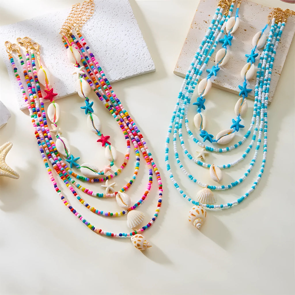 Multi-layer women's necklace set with starfish shell beads and adjustable chain