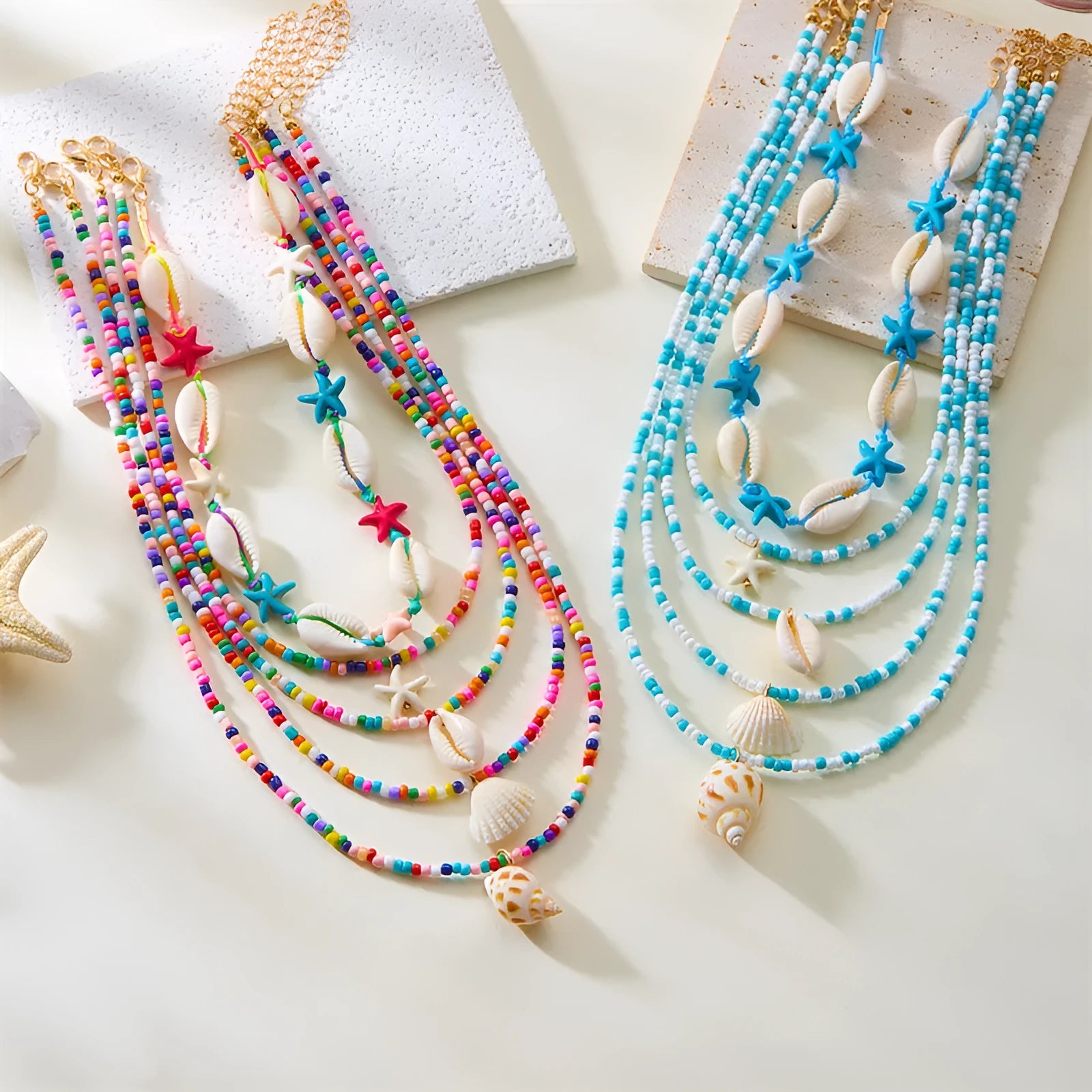 Multi-layer women's necklace set with starfish shell beads and adjustable chain