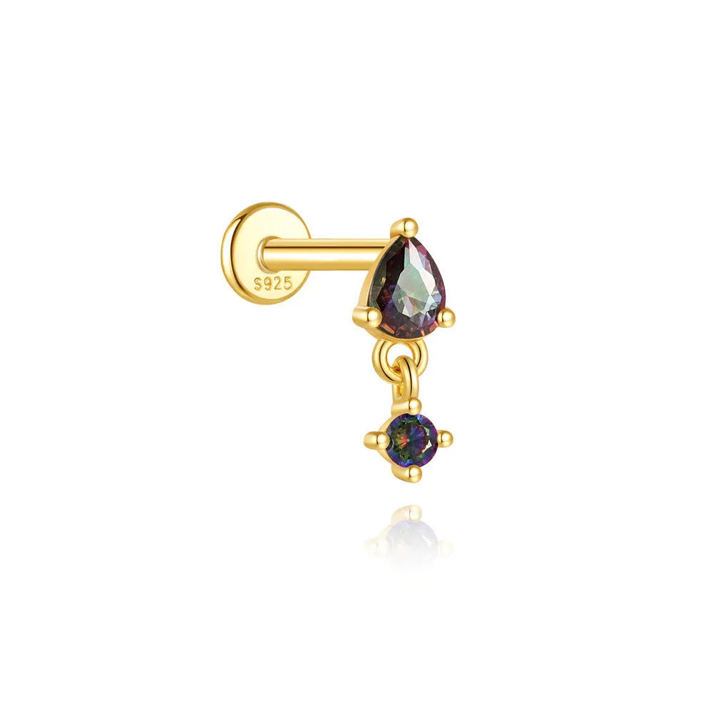 S925 sterling silver flat head labret stud with shiny rainbow stone and internal thread post.