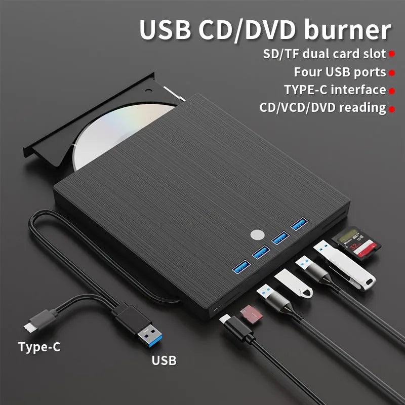 Black external DVD burner with USB interface, tray-type CD loading and 0.36kg weight