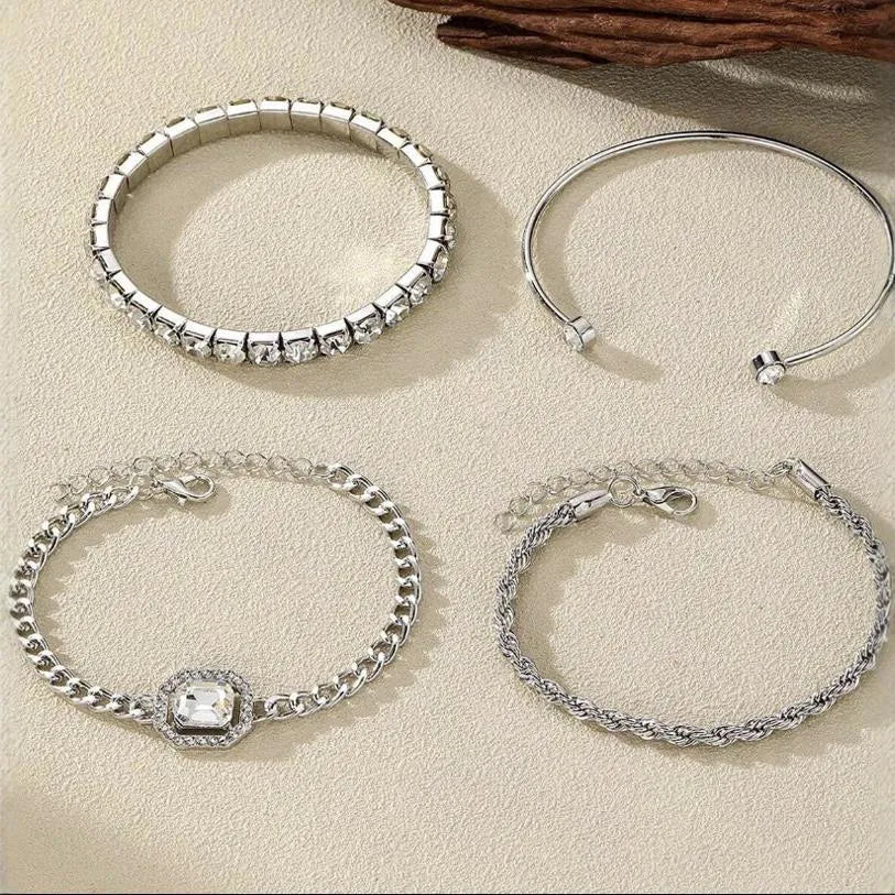 Women's geometric retro alloy bracelet set with square diamond patterns in gold or silver four-piece collection