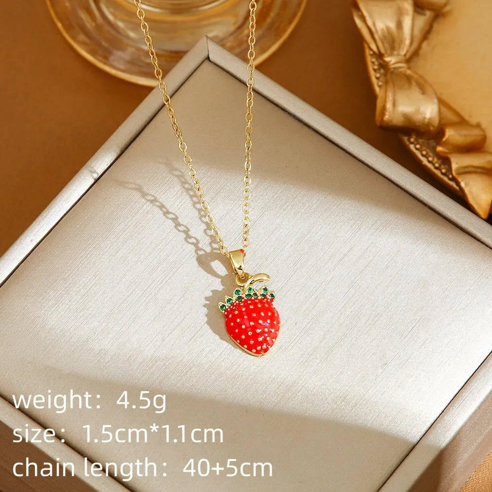 Titanium steel women's necklace with fruit pendant on O-ring chain in golden and steel colour options