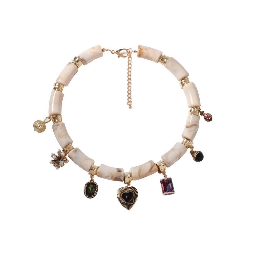 Heart shaped resin bamboo pendant necklace with electroplated finish in picture color for women
