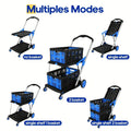 Blue foldable shopping trolley with two plastic baskets, showing its wheeled design and compact frame.