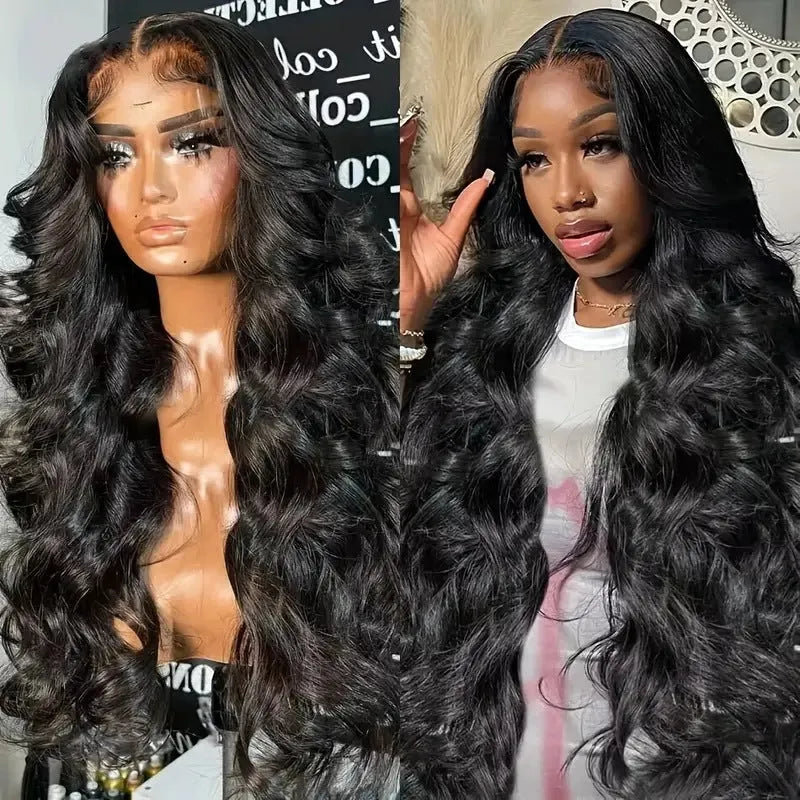 Black synthetic wig with large waves on a mannequin head, showing lace front detail.