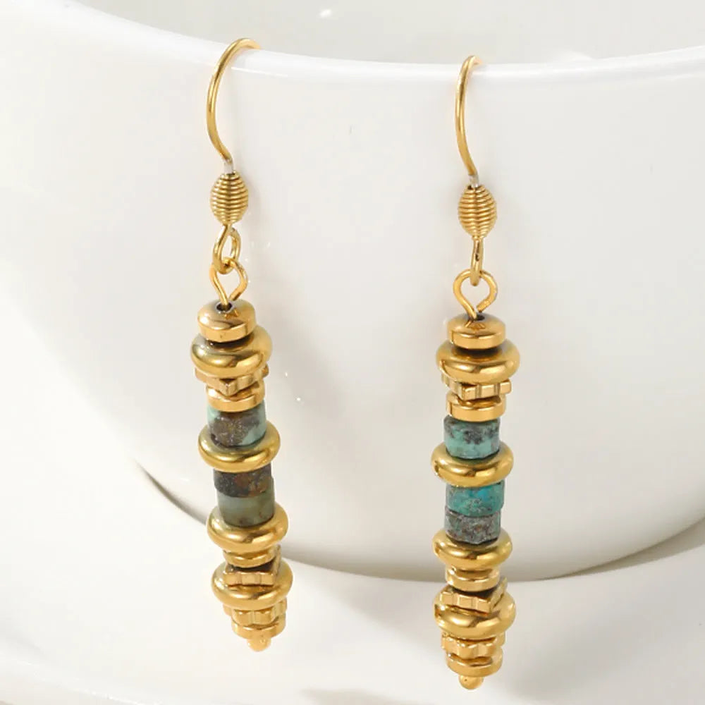 Geometric retro-style titanium steel dangle earrings in a casual design.
