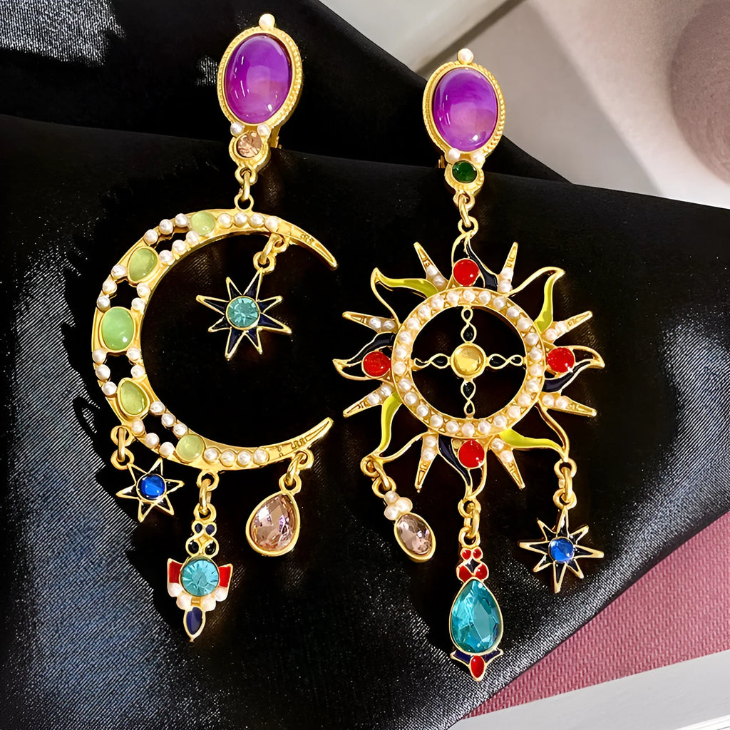 Mid-ancient coloured glaze crystal moon asymmetric earrings diamond-treated star shape Chinese style women