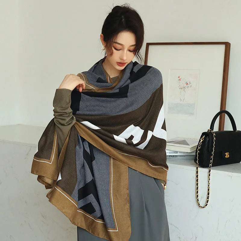 A woman's elegant polyester shawl scarf in a mid-length style, dimensions 180cm by 90cm.