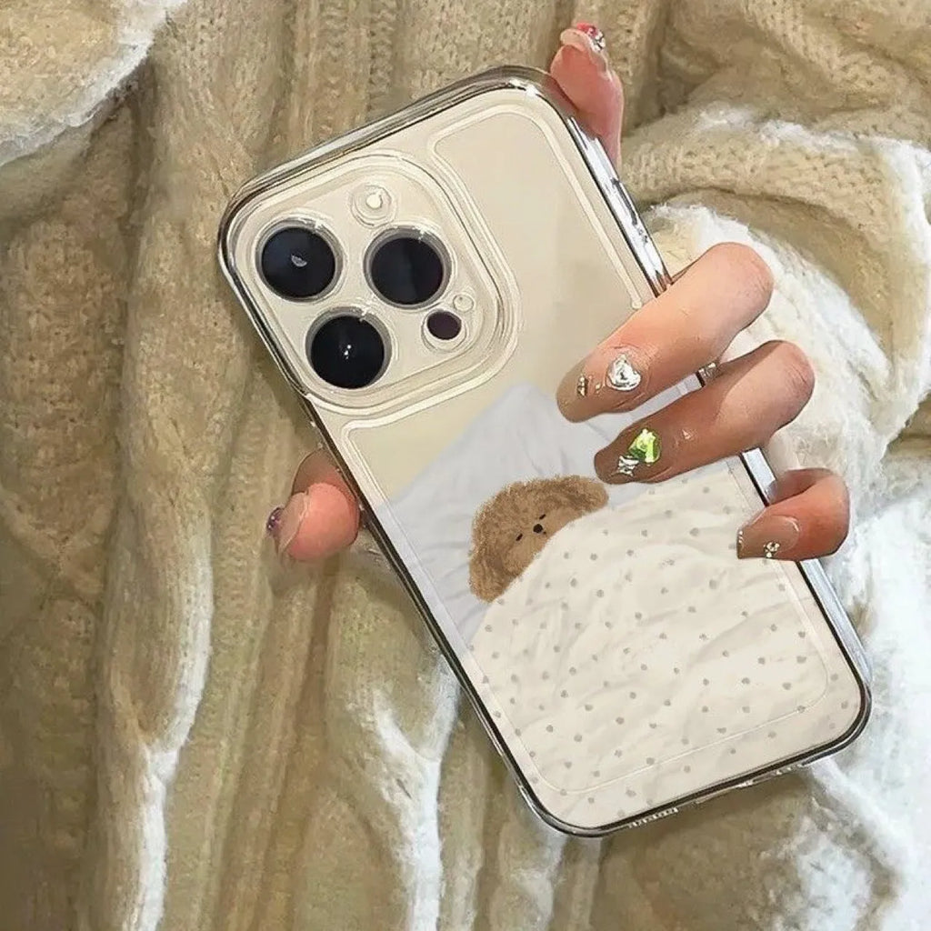 Transparent Apple iPhone case with sleeping cat design showing shockproof TPU construction