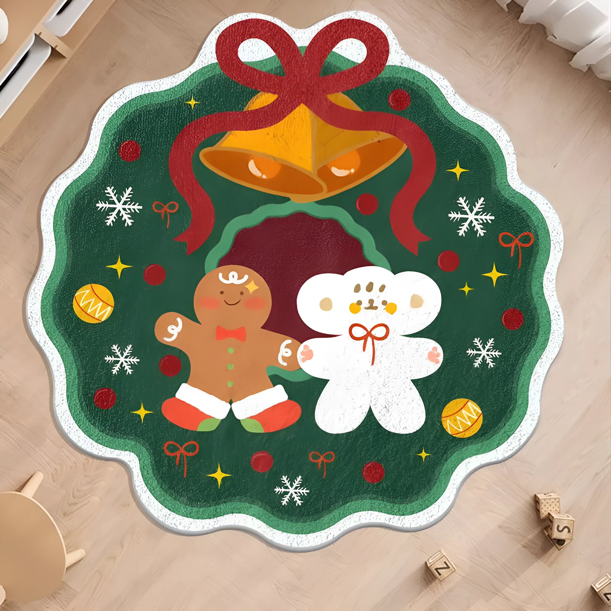 Alien shaped Christmas floor mat in imitation cashmere material with festive colour patterns