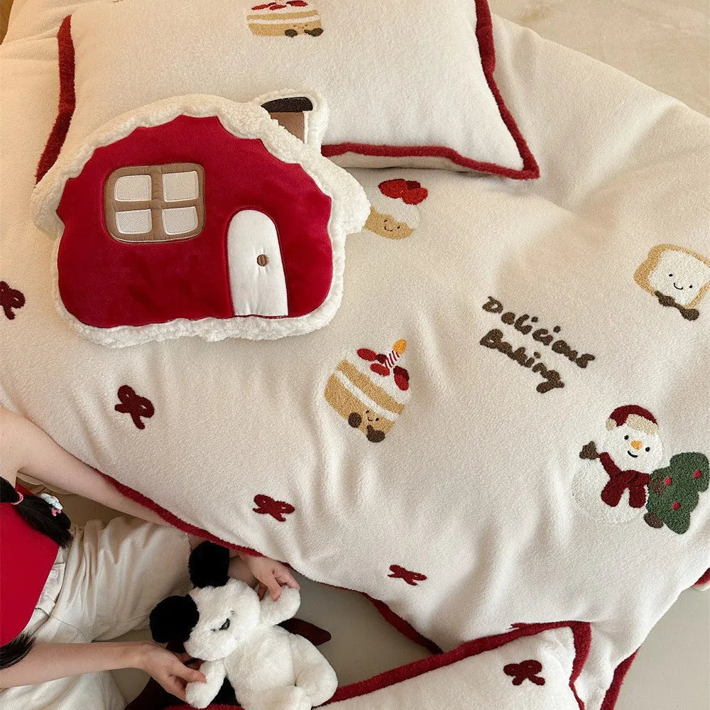 Winter Christmas cartoon polyester bedding four-piece set with Xuefu Milk Pastry pattern showing bed sheet, duvet cover, and pillowcases