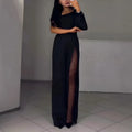 Women's long sleeve polyester jumpsuit with high slit in black, wine red, white, or dark blue.
