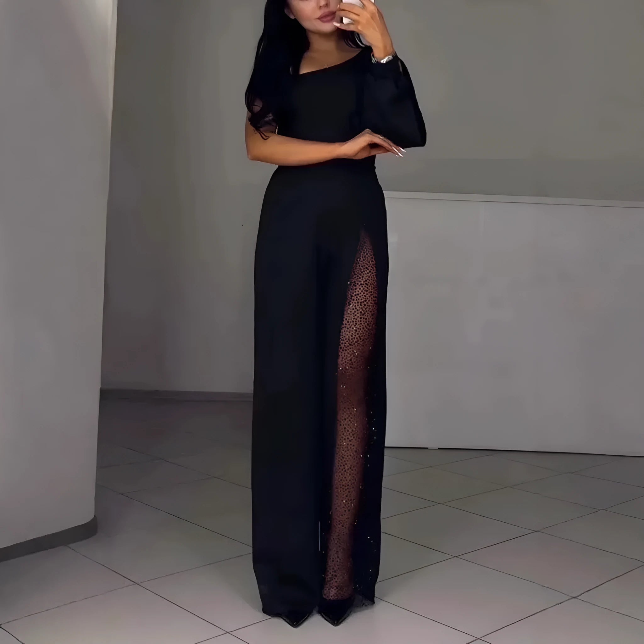 Women's long sleeve polyester jumpsuit with high slit in black, wine red, white, or dark blue.