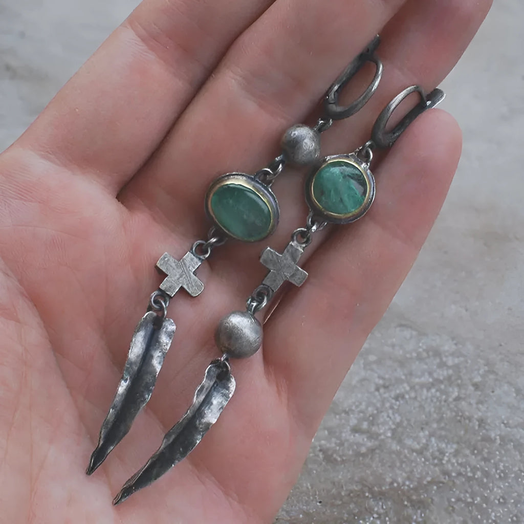 Metal cross feather tassel earrings in picture colour with retro geometric electroplated dangle design