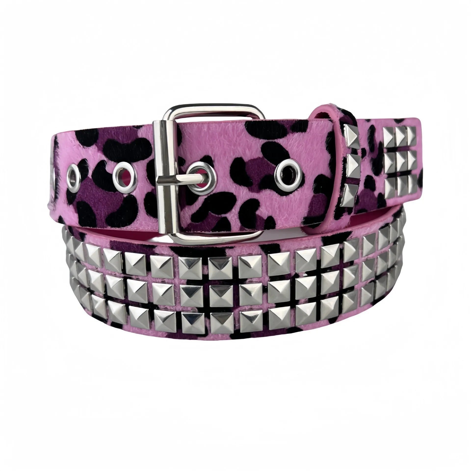 Punk women's belt with metal pyramid rivets in animal print patterns, showing pin buckle fastening