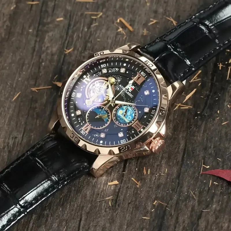 Large dial automatic mechanical watch with rose gold case, black leather strap, and visible skeleton movement