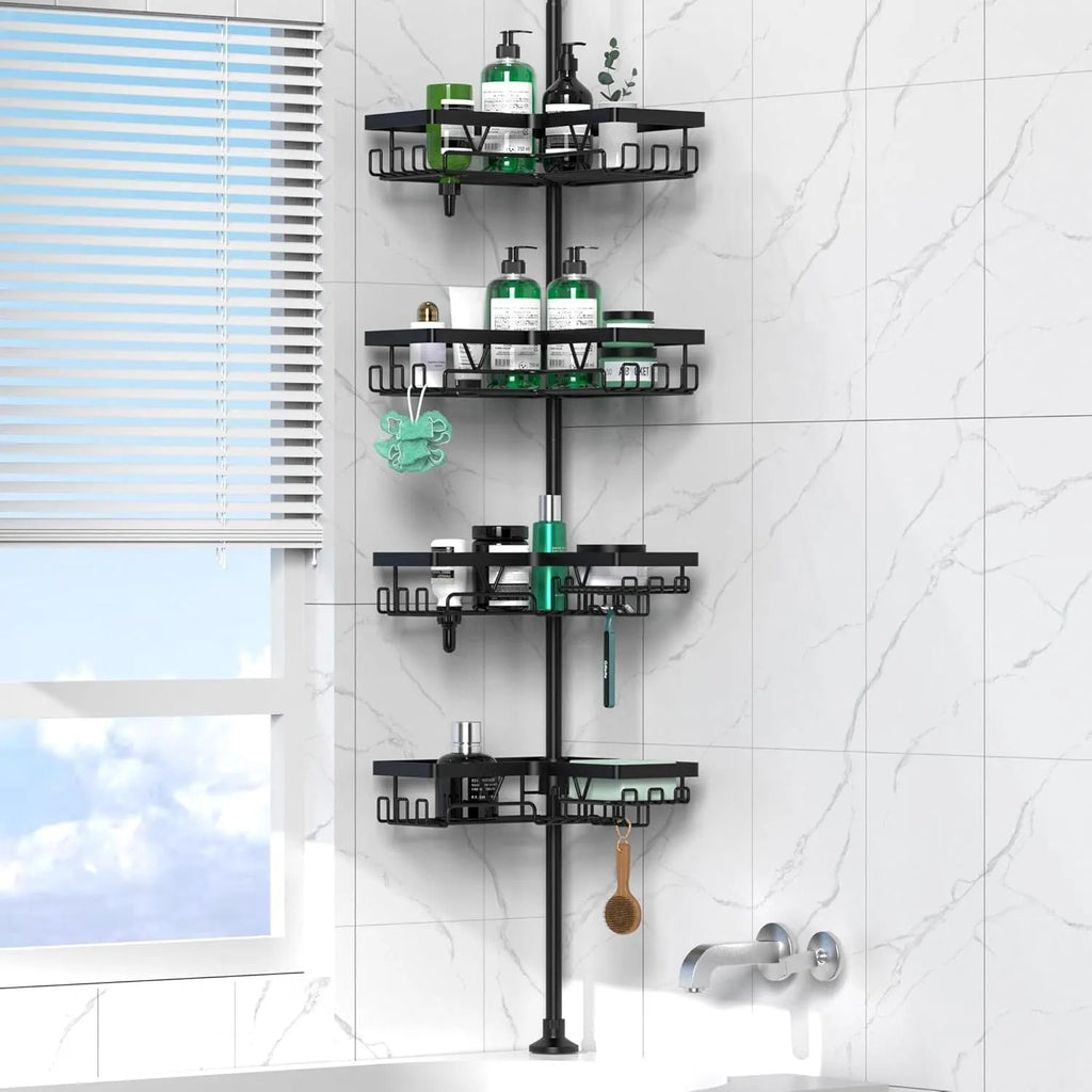 A modern, hole-free retractable bathroom storage rack with four shelves made of stainless steel and iron.