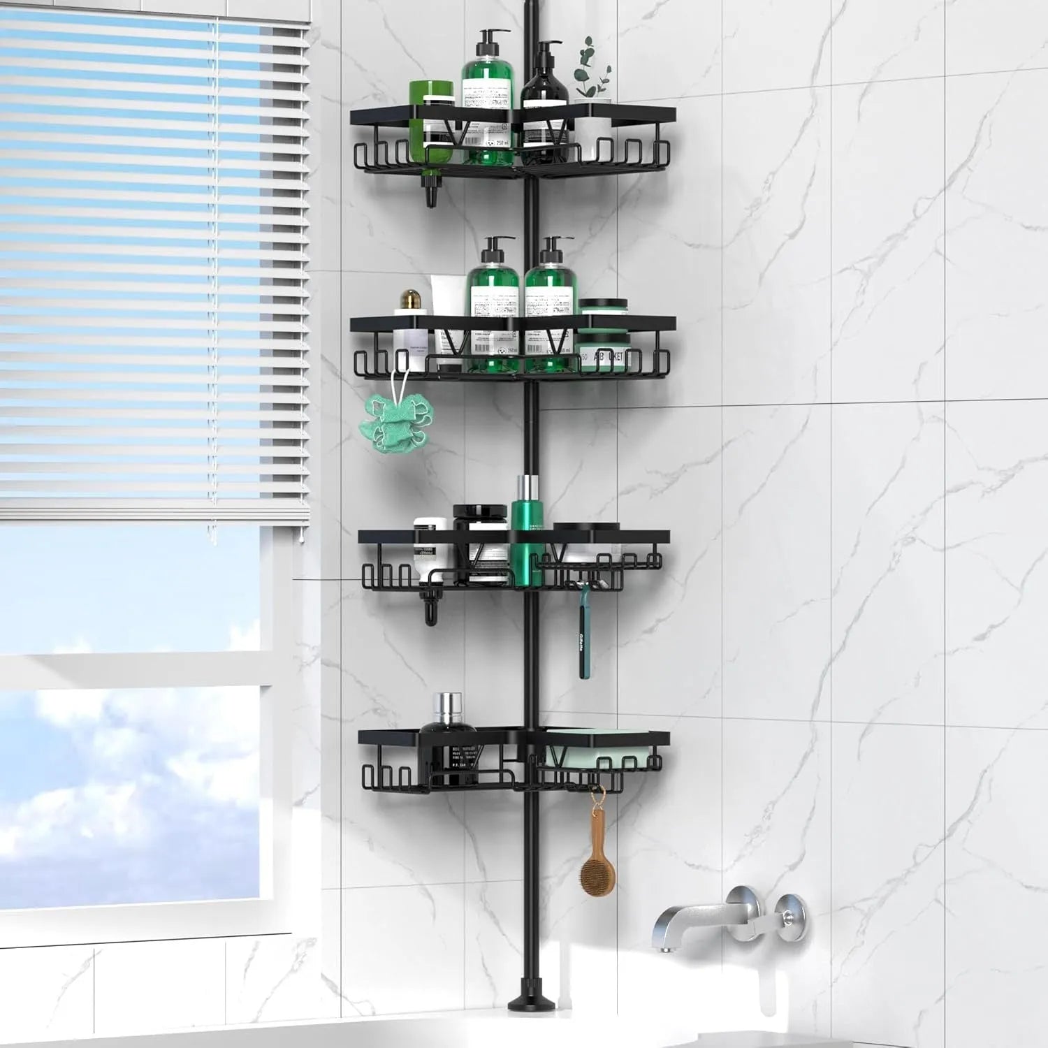 A modern, hole-free retractable bathroom storage rack with four shelves made of stainless steel and iron.