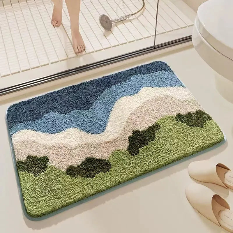 Rainbow pattern sky sea colour polyester fibre carpet mat with plastic bottom in square shape