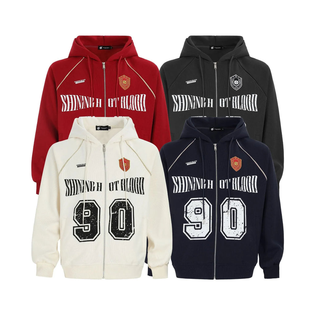 Women's loose American retro style hooded jacket with letter embroidery in cotton blend fabric