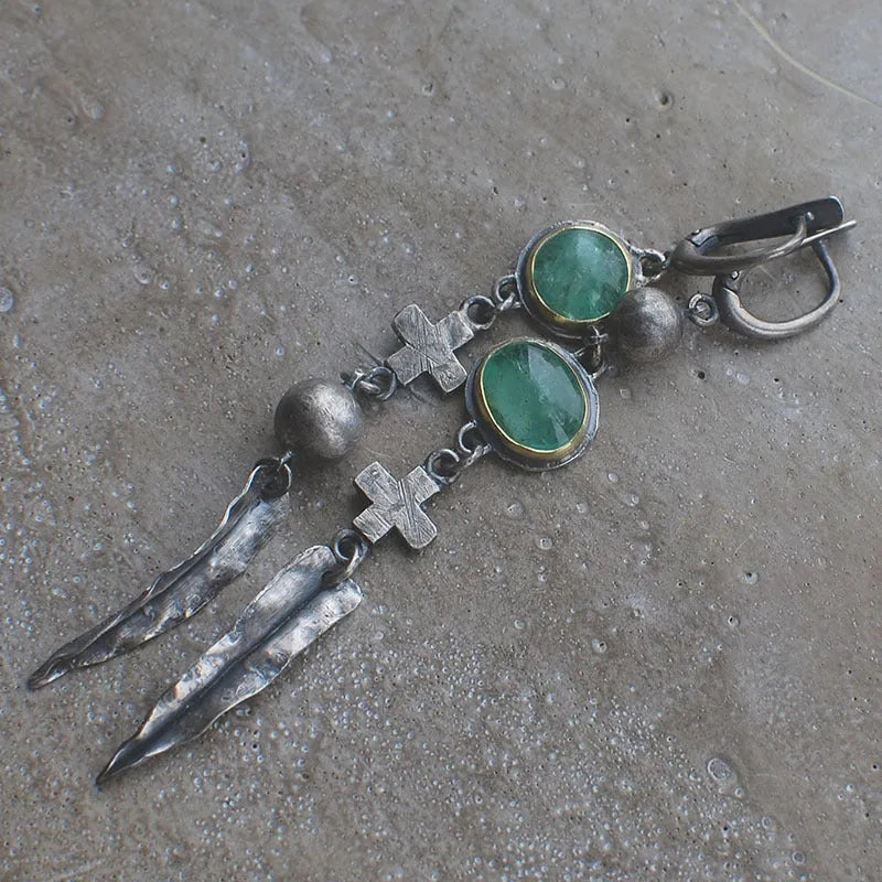 Metal cross feather tassel earrings in picture colour with retro geometric electroplated dangle design