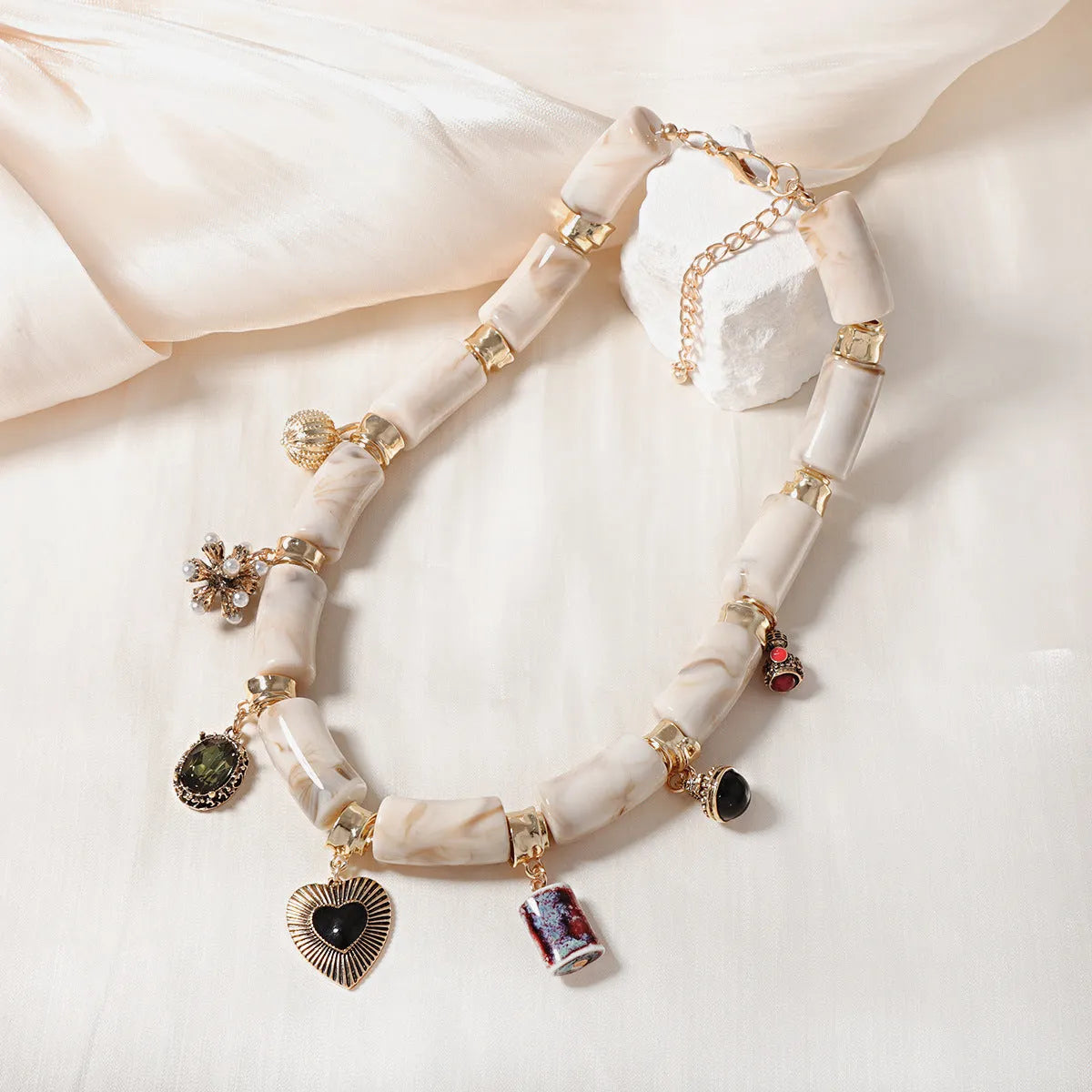 Heart shaped resin bamboo pendant necklace with electroplated finish in picture color for women