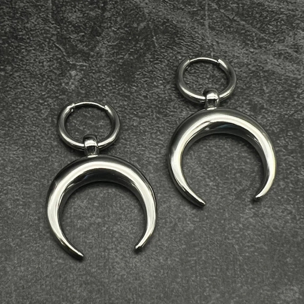 Silver geometric moon big hoop earrings with gothic punk style and ear clip fastening