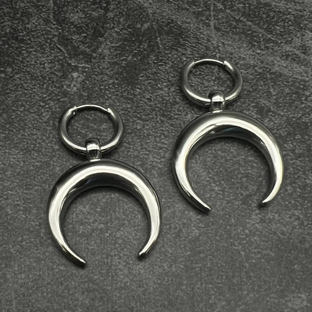 Silver geometric moon big hoop earrings with gothic punk style and ear clip fastening