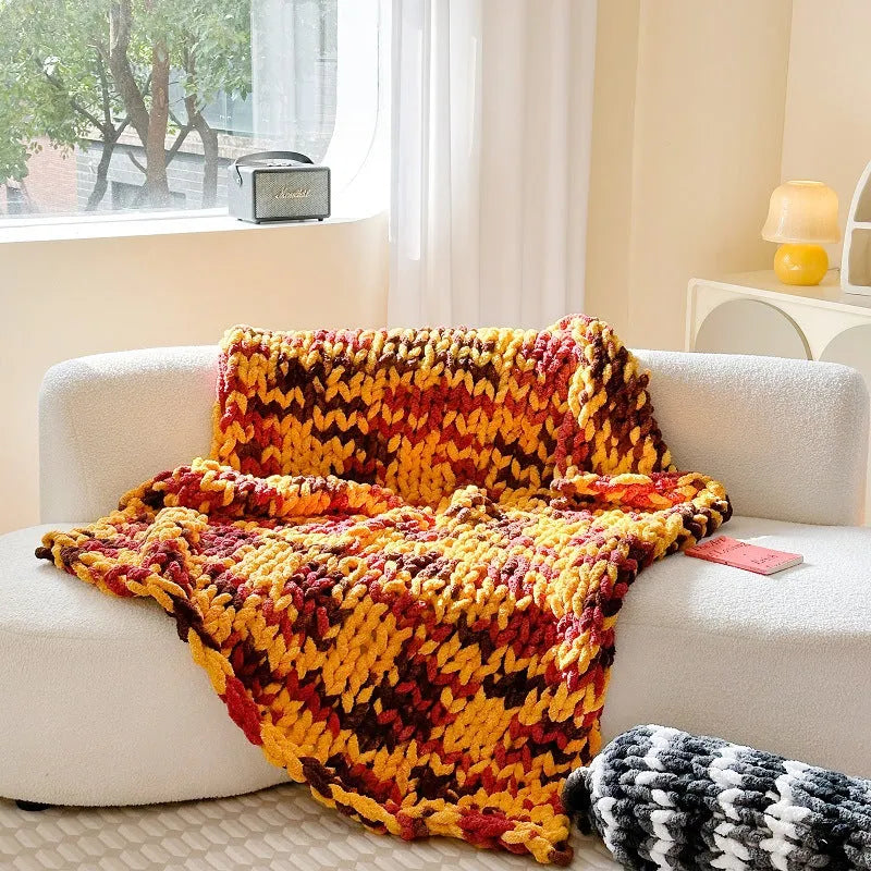 Handmade chenille blanket with striped pattern from section dyeing in 130x170cm size