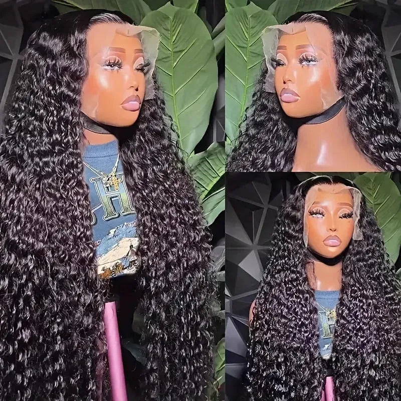 Black long curly lace afro wig on a stand showing wound tube construction.