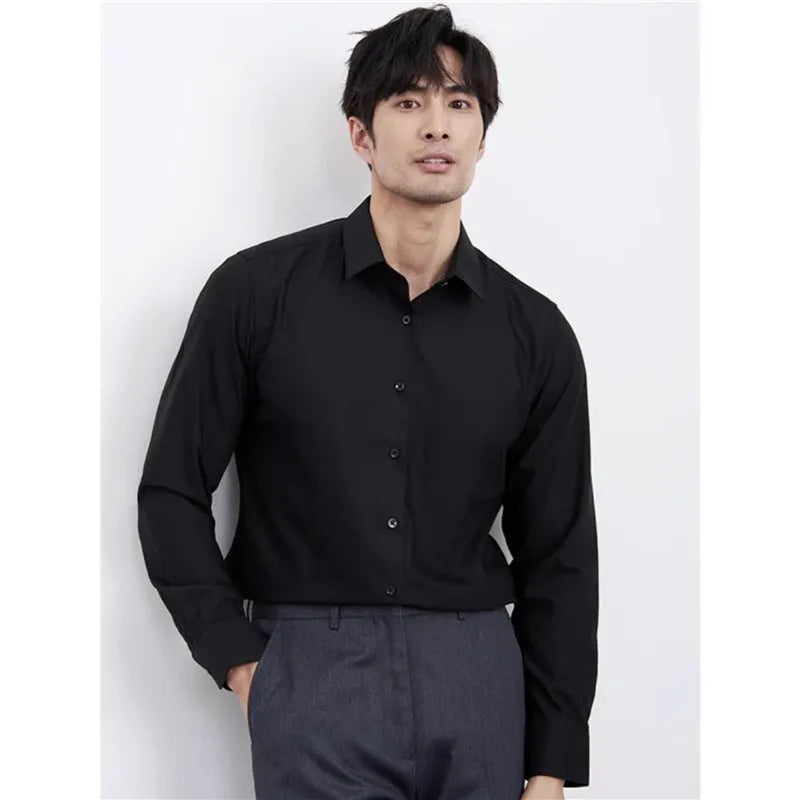 Wine red slim fit men's long sleeve shirt with non-iron polyester blend fabric