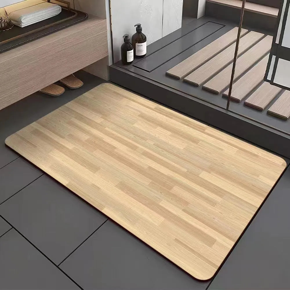 Square American-style wood grain geometric pattern floor mat for bathroom entrance.