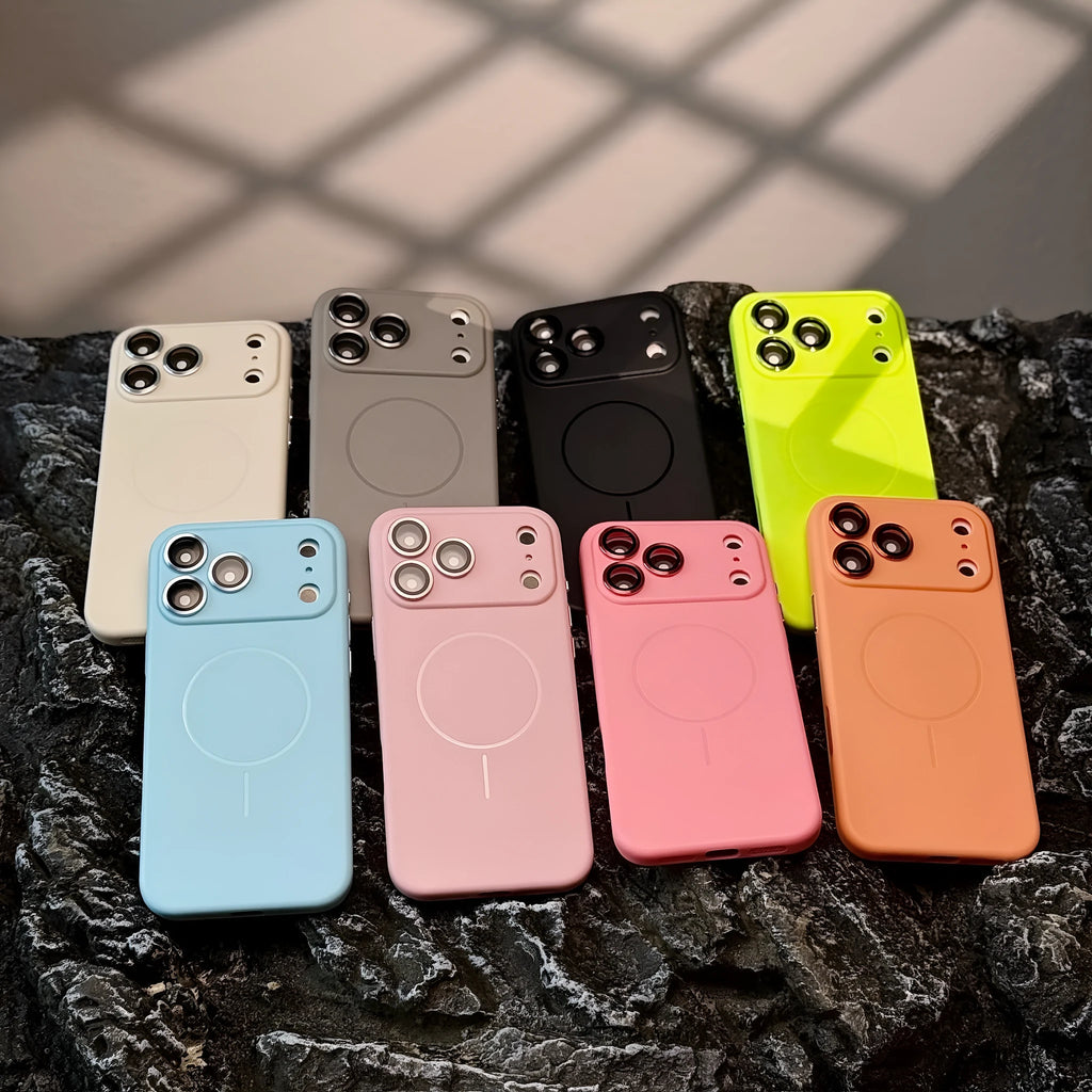 Frosted magnetic suction phone case with lens protector for iPhone 17 series in black, blue, grey, orange, pink, rose red or white.