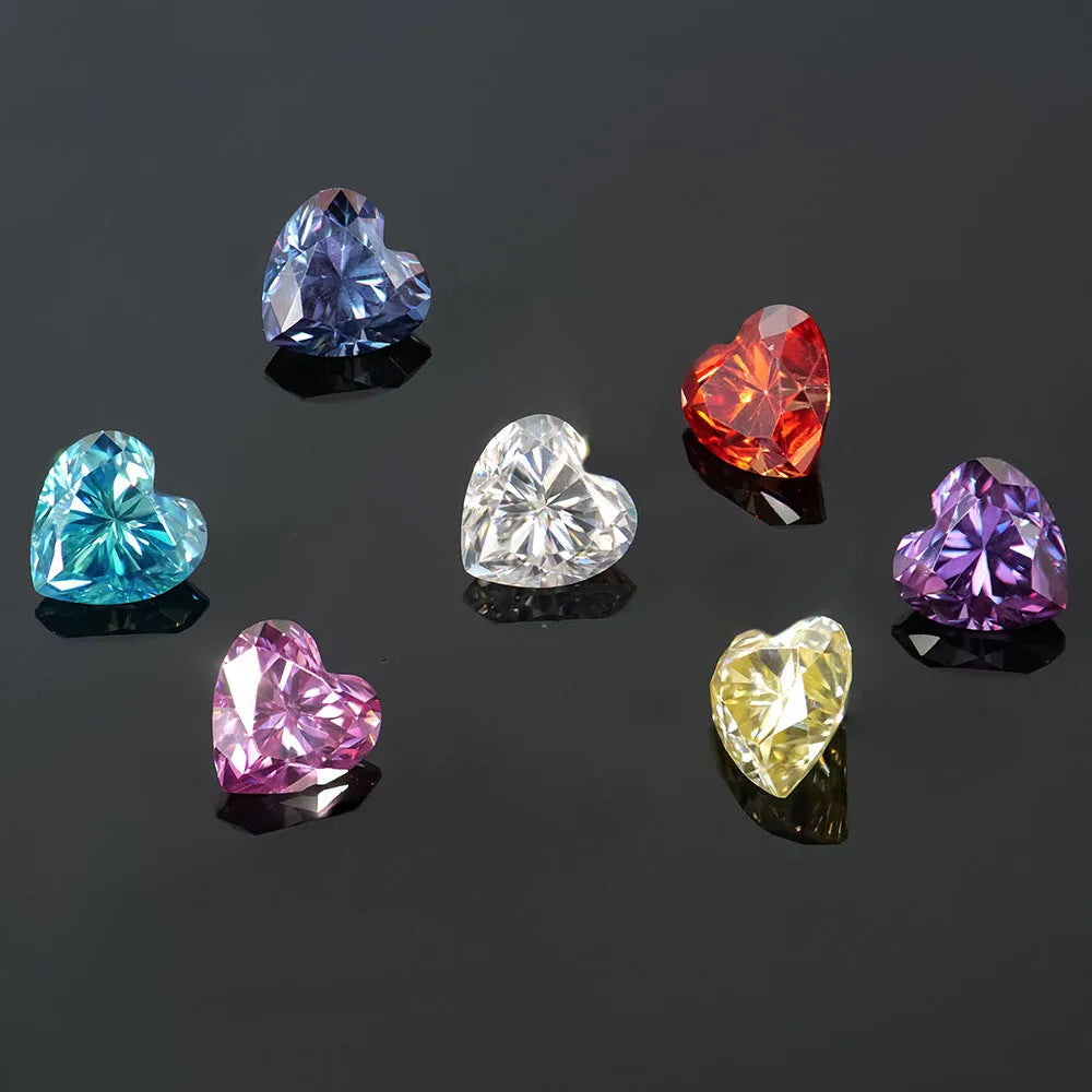 Heart-shaped moissanite loose stone in lemon yellow colour showing six size options